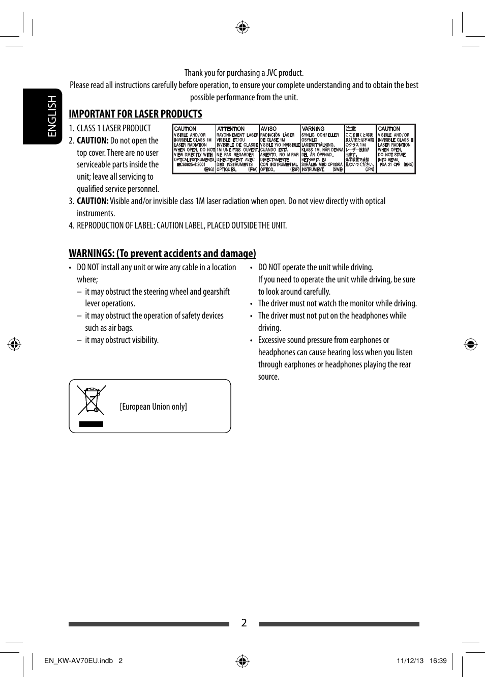 2english, Important for laser products, Warnings: (to prevent accidents and damage) | JVC KW-AV70BT User Manual | Page 2 / 227