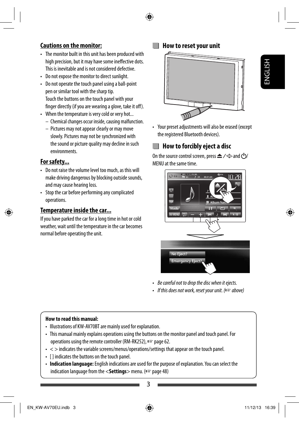 How to reset your unit, How to forcibly eject a disc | JVC KW-AV70BT User Manual | Page 3 / 227