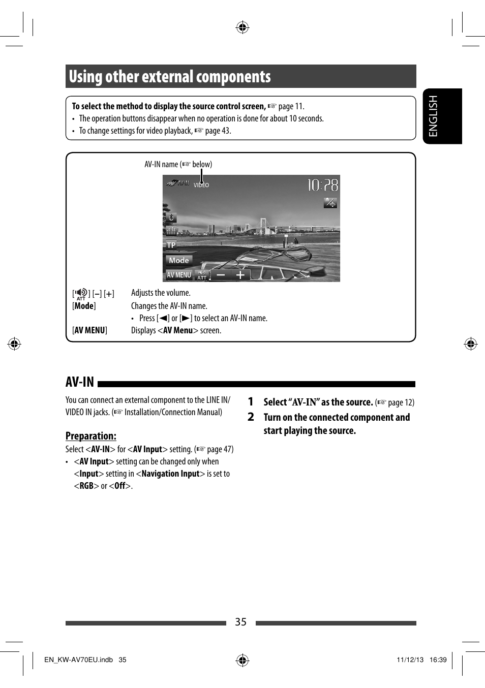 Using other external components, Av-in | JVC KW-AV70BT User Manual | Page 35 / 227