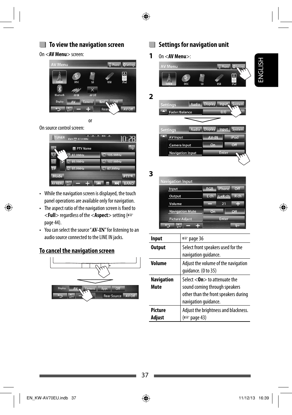 Settings for navigation unit | JVC KW-AV70BT User Manual | Page 37 / 227