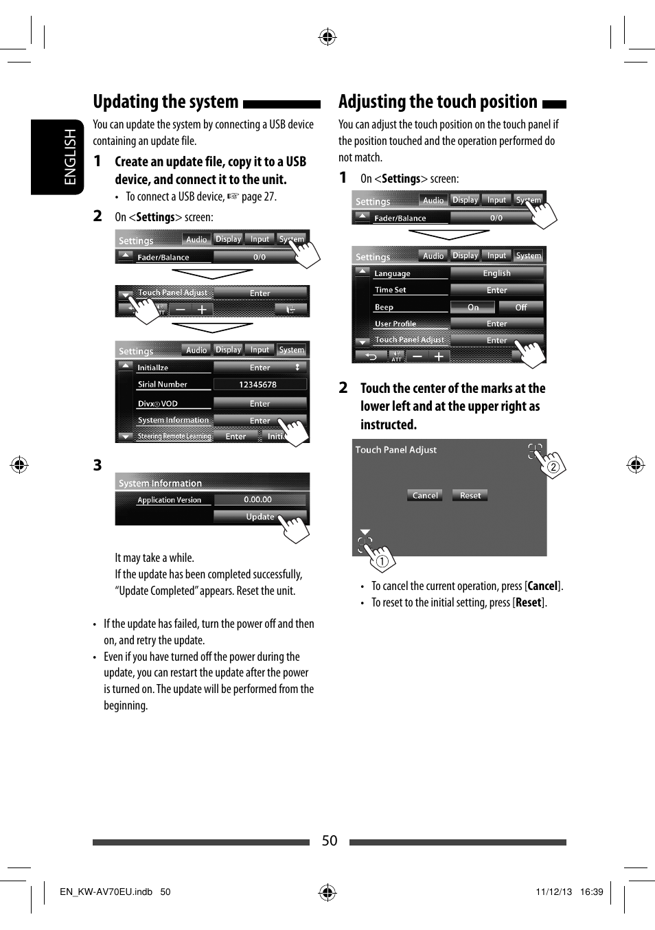 Updating the system, Adjusting the touch position | JVC KW-AV70BT User Manual | Page 50 / 227