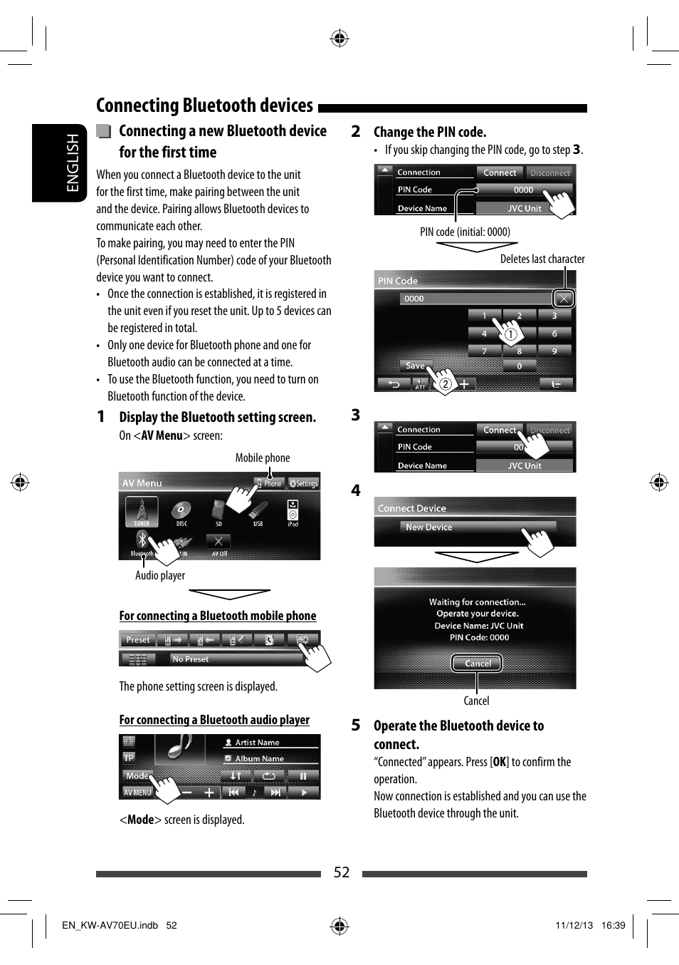 Connecting bluetooth devices | JVC KW-AV70BT User Manual | Page 52 / 227