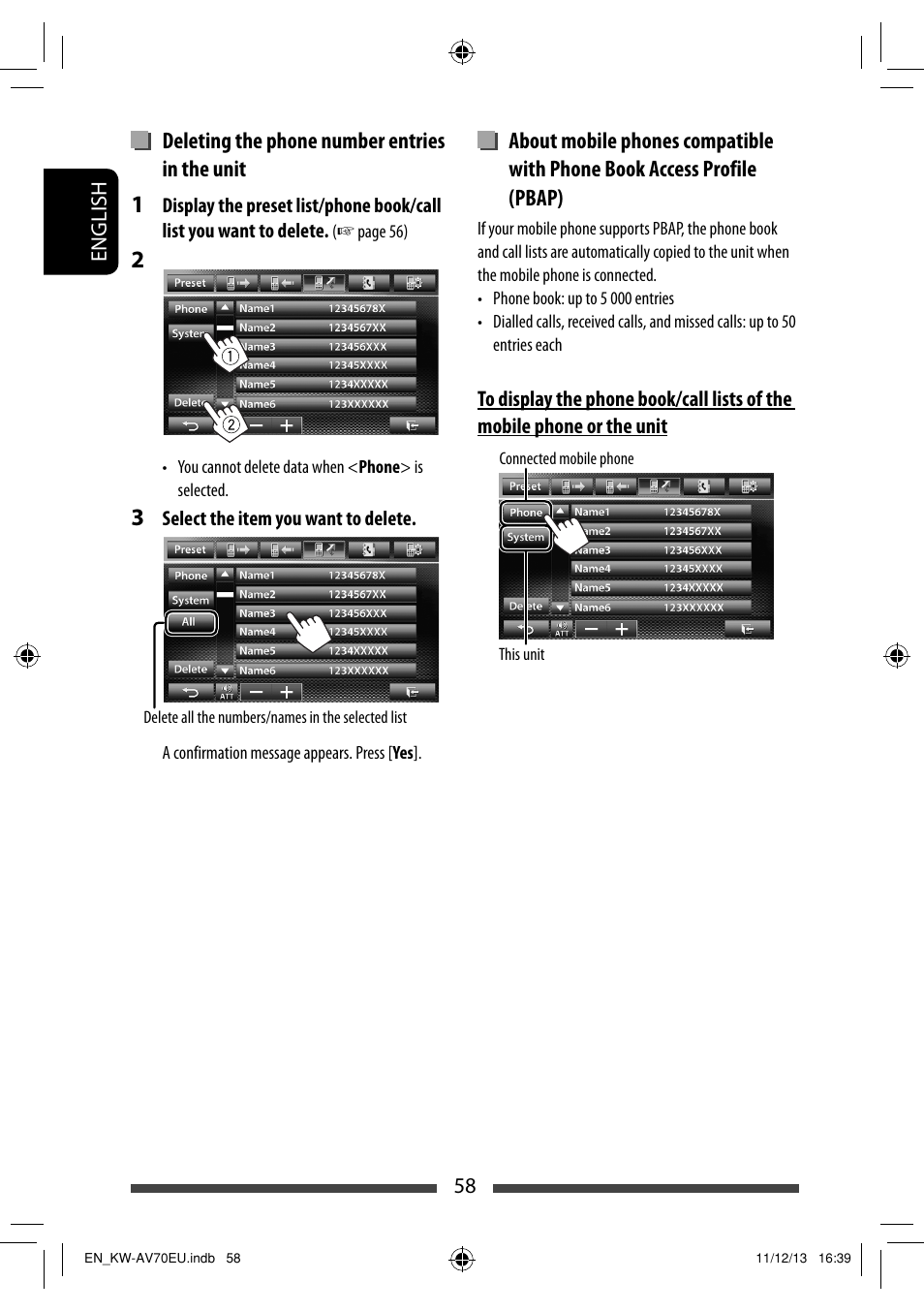 Deleting the phone number entries in the unit | JVC KW-AV70BT User Manual | Page 58 / 227