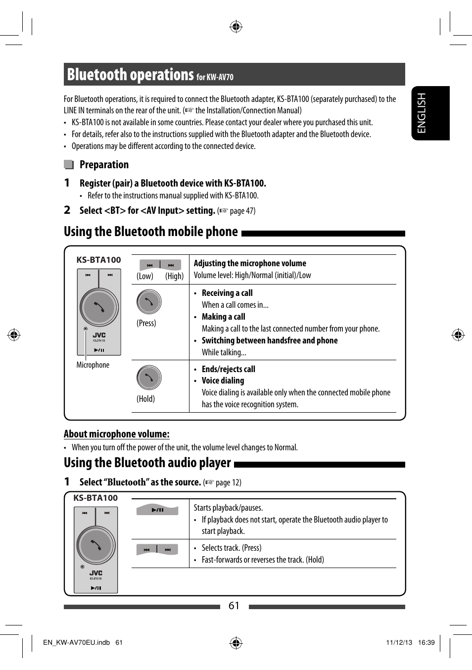 Bluetooth operations for kw-av70, Using the bluetooth mobile phone, Using the bluetooth audio player | Bluetooth operations | JVC KW-AV70BT User Manual | Page 61 / 227