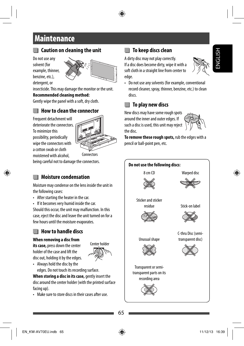 Maintenance, Caution on cleaning the unit, How to clean the connector | Moisture condensation, How to handle discs | JVC KW-AV70BT User Manual | Page 65 / 227