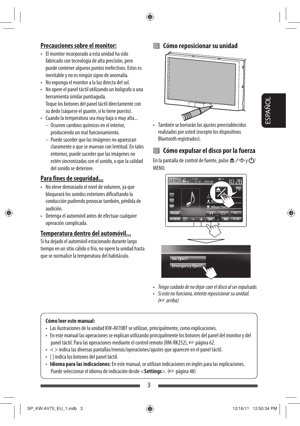 Cómo reposicionar su unidad, Cómo expulsar el disco por la fuerza | JVC KW-AV70BT User Manual | Page 77 / 227