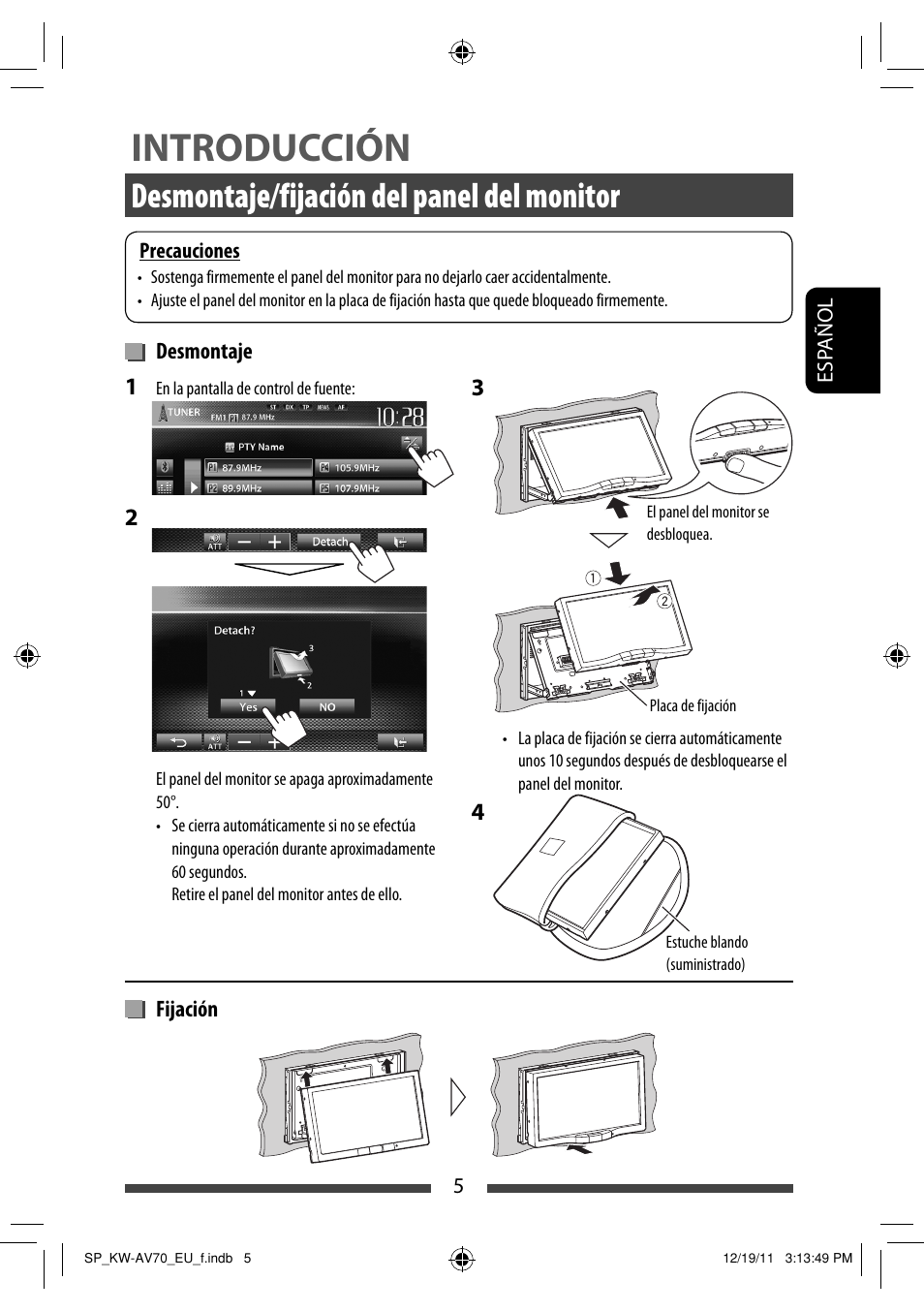 Introducción, Desmontaje/fijación del panel del monitor | JVC KW-AV70BT User Manual | Page 79 / 227