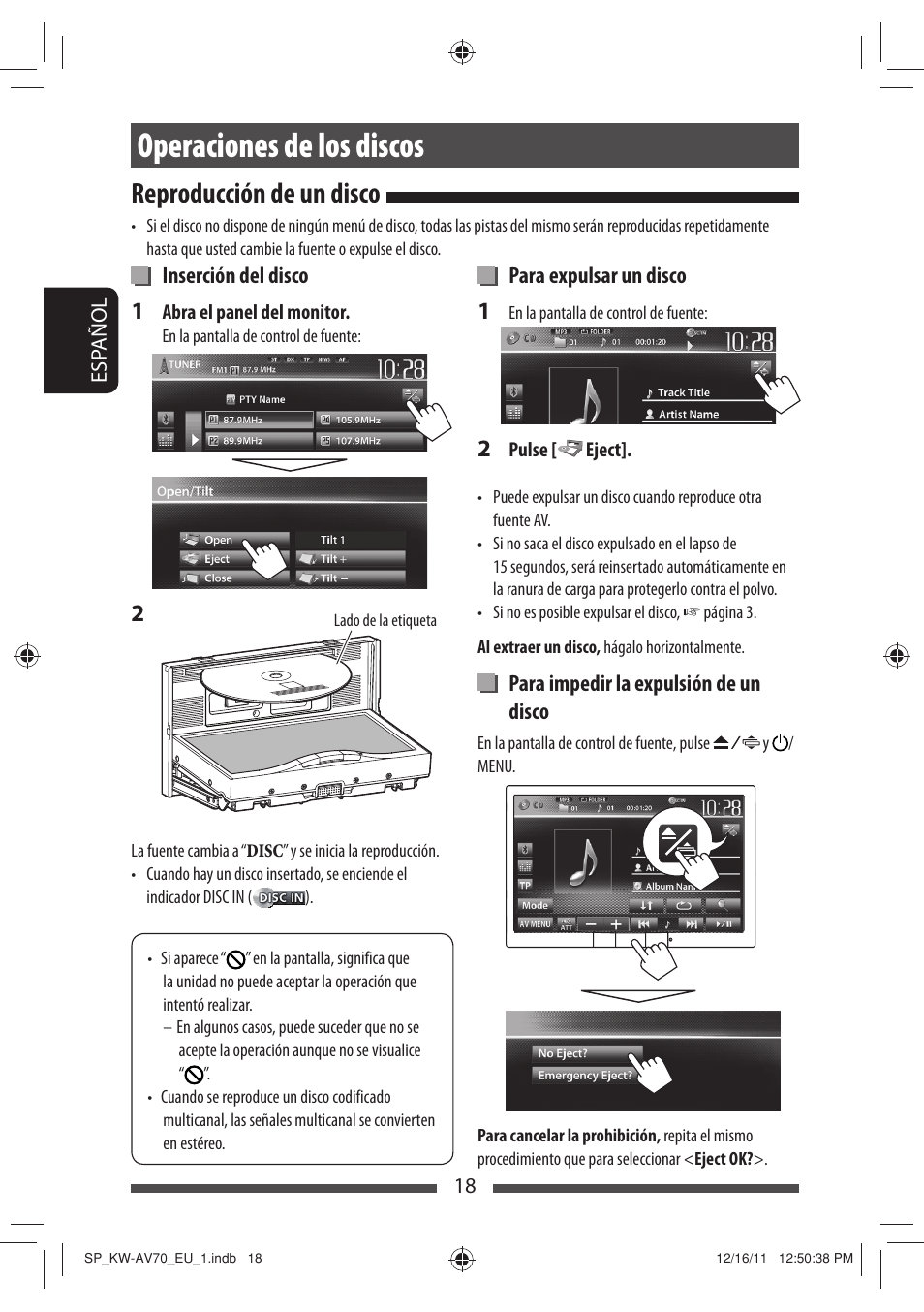 Operaciones de los discos, Reproducción de un disco | JVC KW-AV70BT User Manual | Page 92 / 227