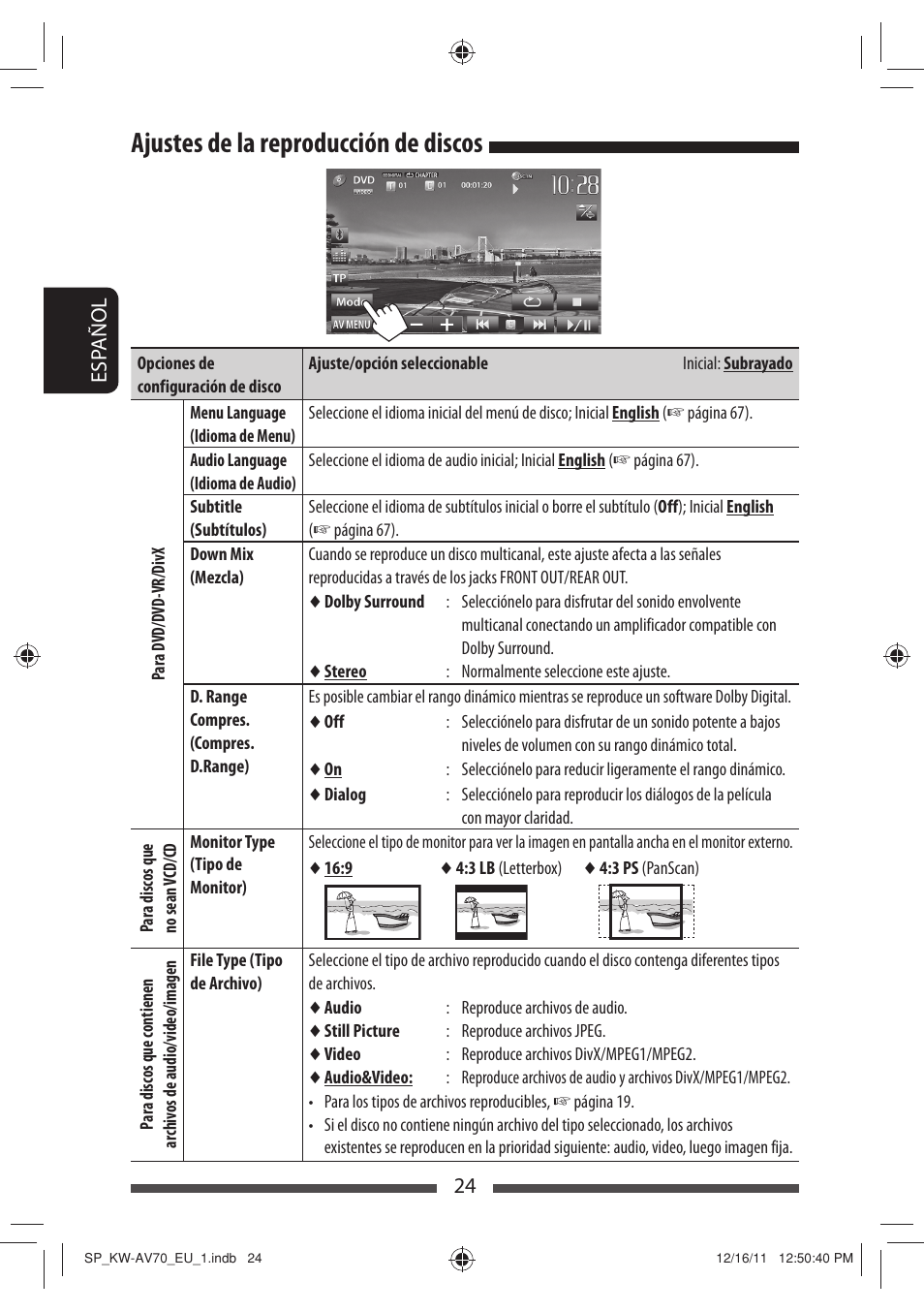 Ajustes de la reproducción de discos | JVC KW-AV70BT User Manual | Page 98 / 227