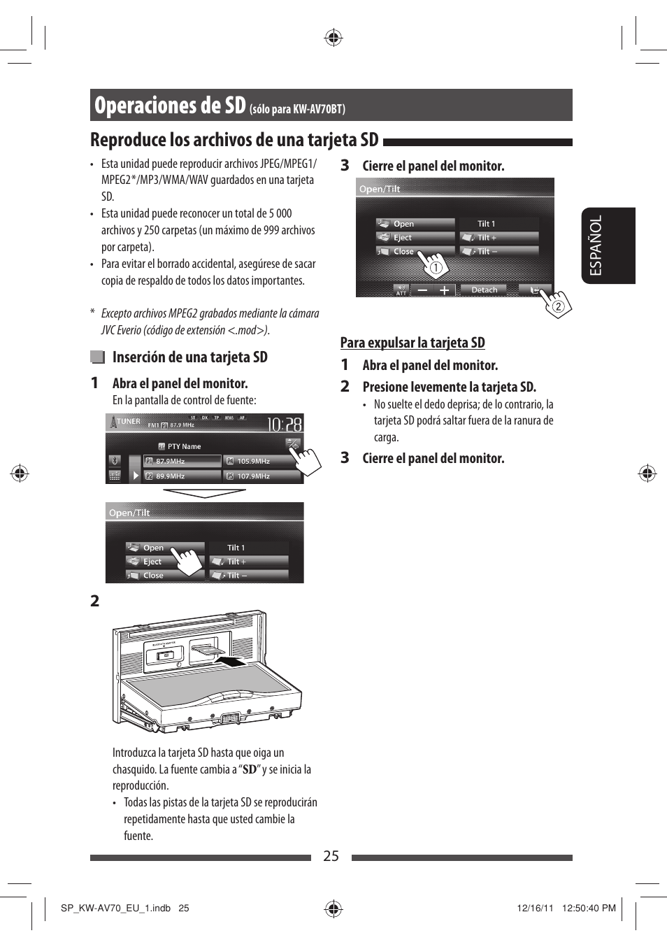 Operaciones de sd, Reproduce los archivos de una tarjeta sd | JVC KW-AV70BT User Manual | Page 99 / 227