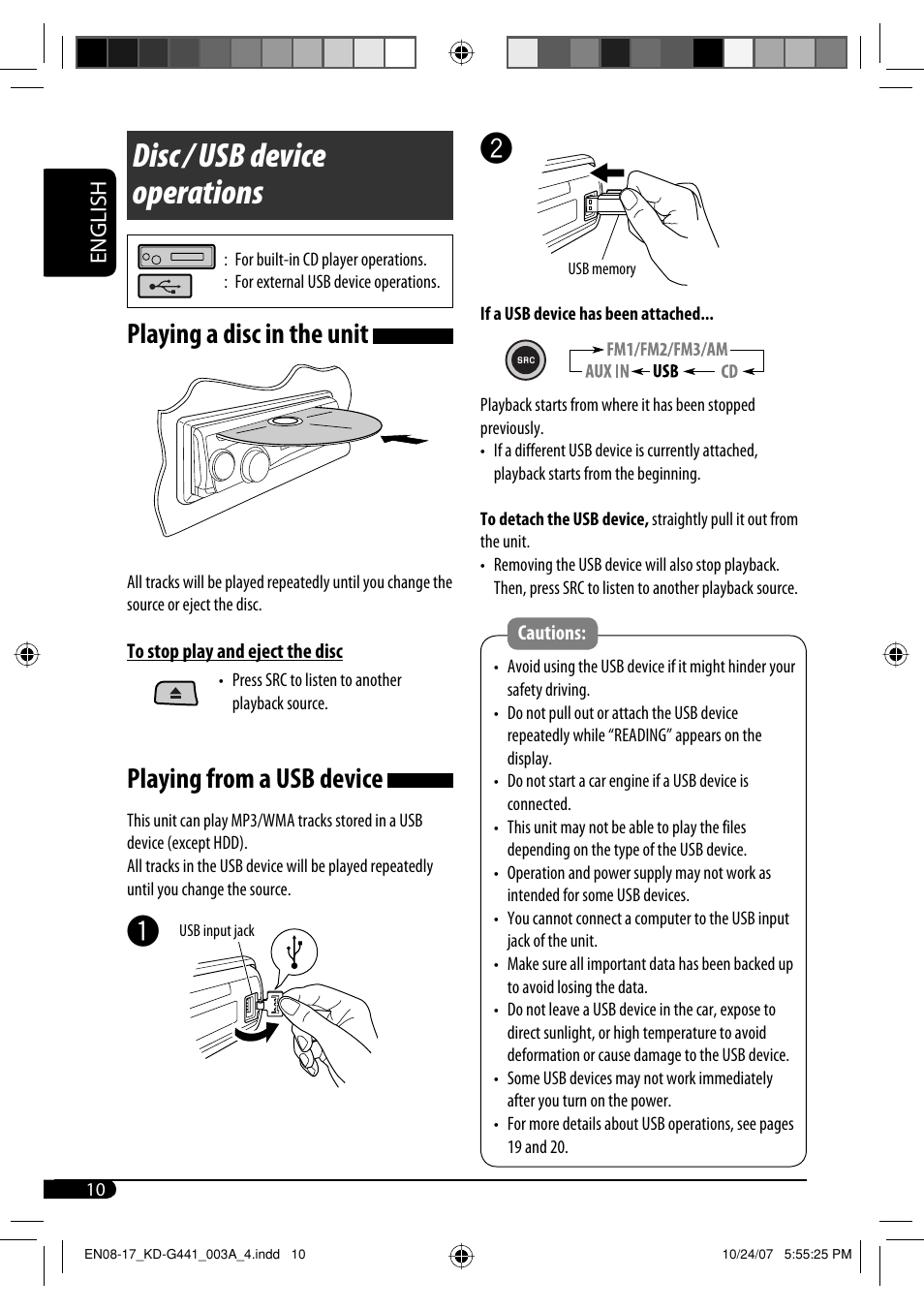Disc / usb device operations, Playing a disc in the unit, Playing from a usb device | JVC KD-G442 User Manual | Page 10 / 74
