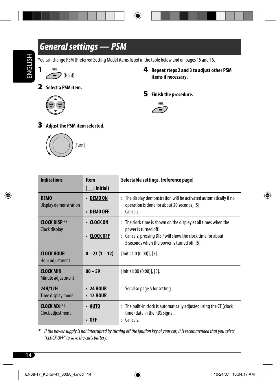 General settings — psm, English | JVC KD-G442 User Manual | Page 14 / 74