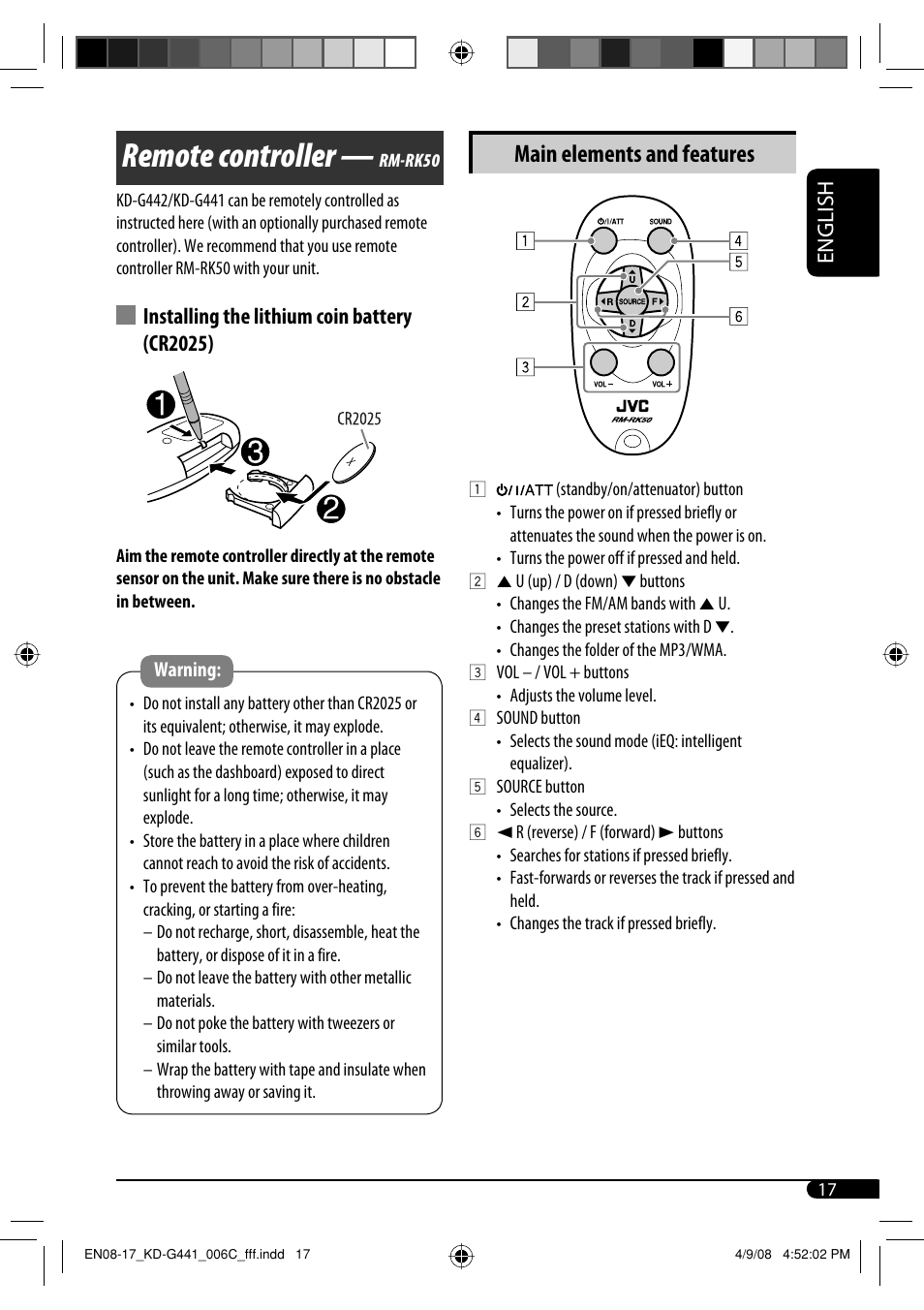 Remote controller, Main elements and features, English | Installing the lithium coin battery (cr2025) | JVC KD-G442 User Manual | Page 17 / 74