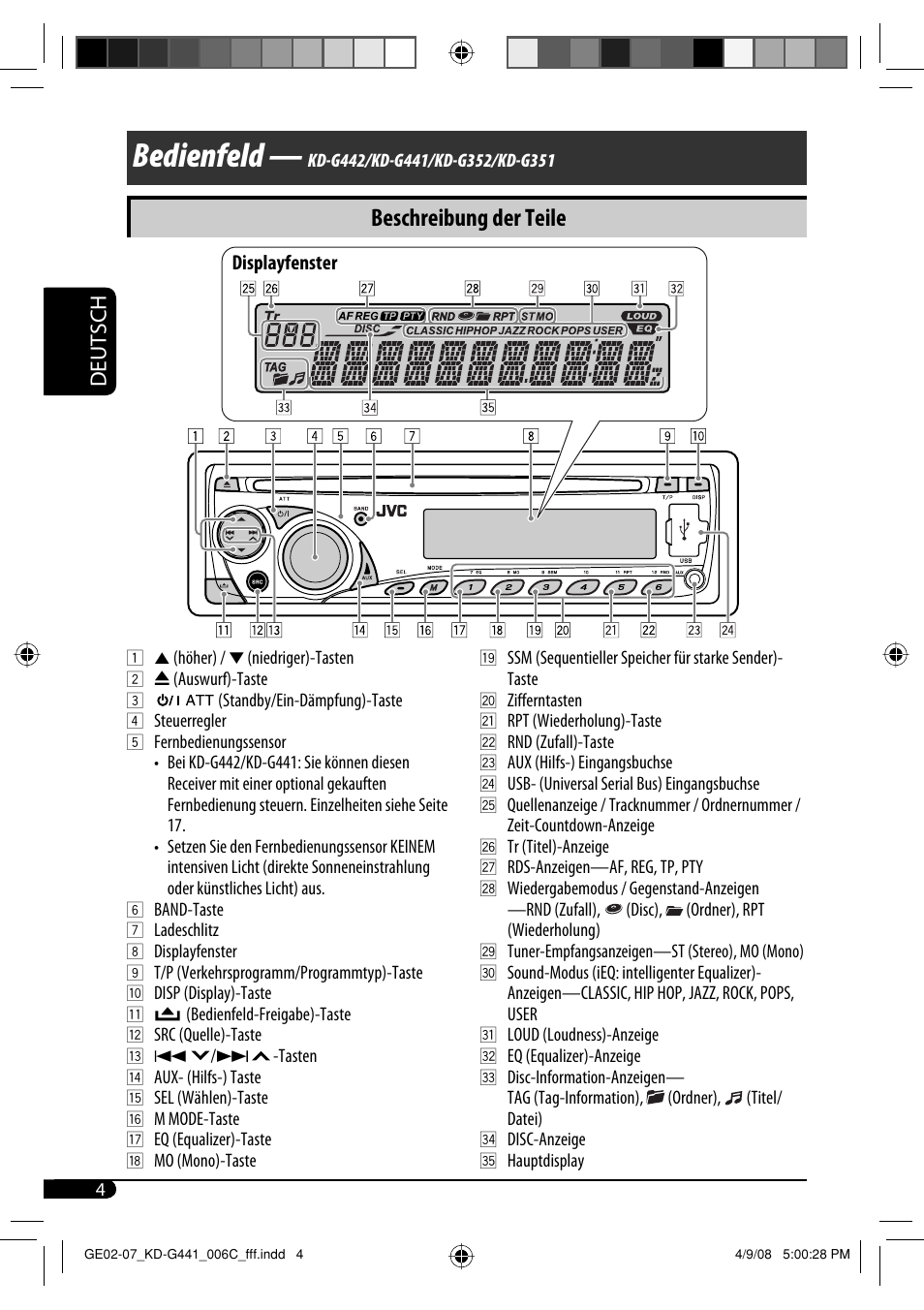 Bedienfeld, Beschreibung der teile, Deutsch | JVC KD-G442 User Manual | Page 28 / 74