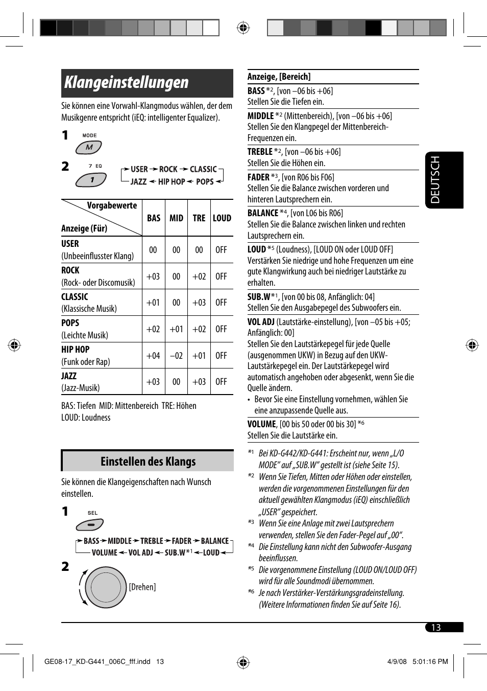 Klangeinstellungen, Einstellen des klangs, Deutsch | JVC KD-G442 User Manual | Page 37 / 74