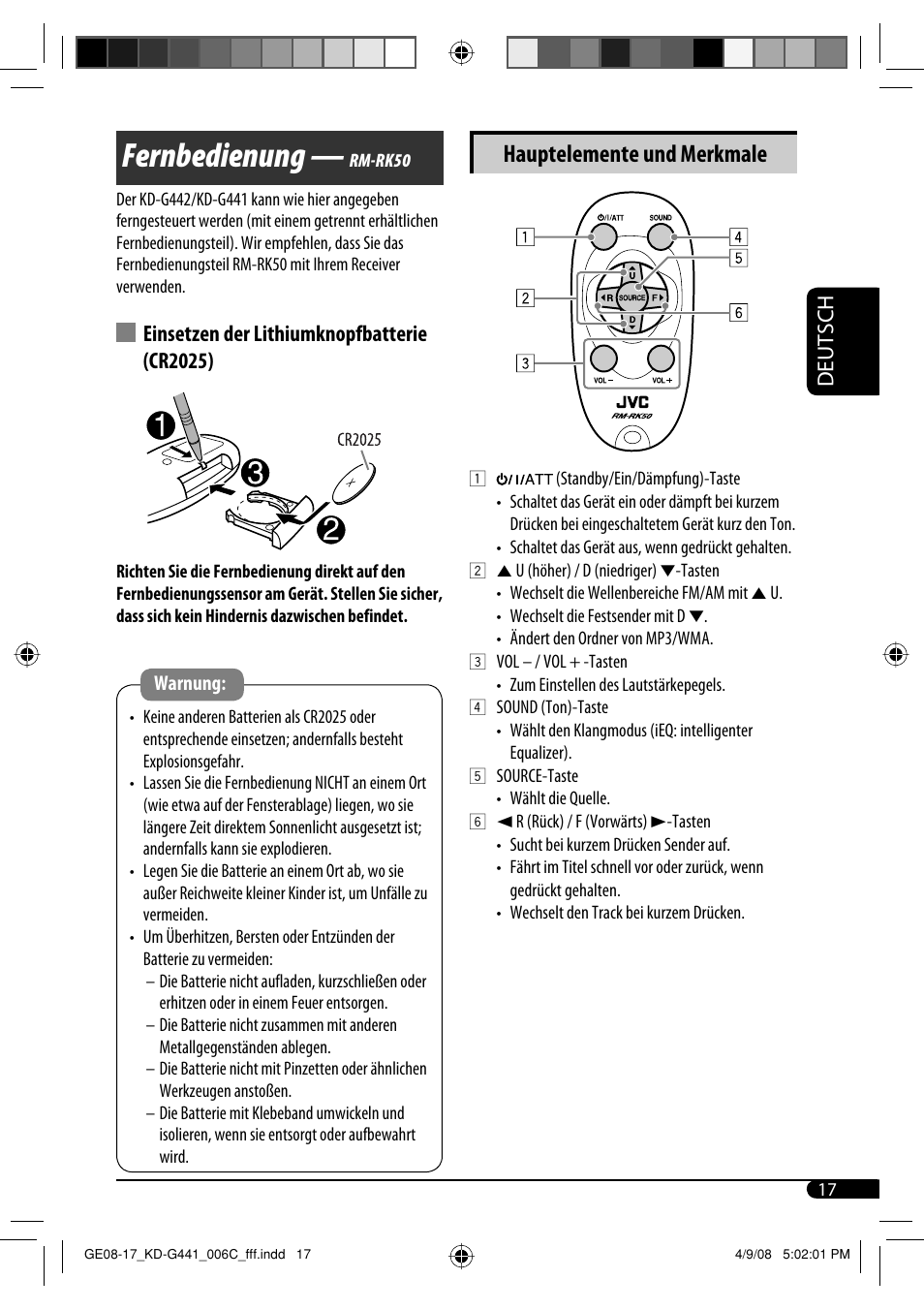 Fernbedienung, Hauptelemente und merkmale, Deutsch | Einsetzen der lithiumknopfbatterie (cr2025) | JVC KD-G442 User Manual | Page 41 / 74