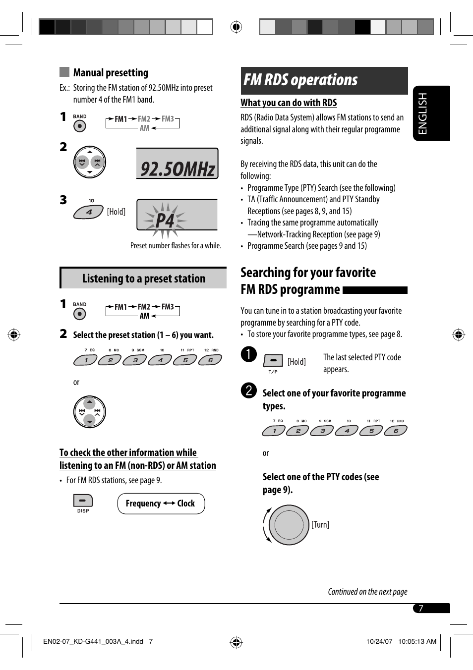 Fm rds operations, Searching for your favorite fm rds programme, Listening to a preset station | JVC KD-G442 User Manual | Page 7 / 74