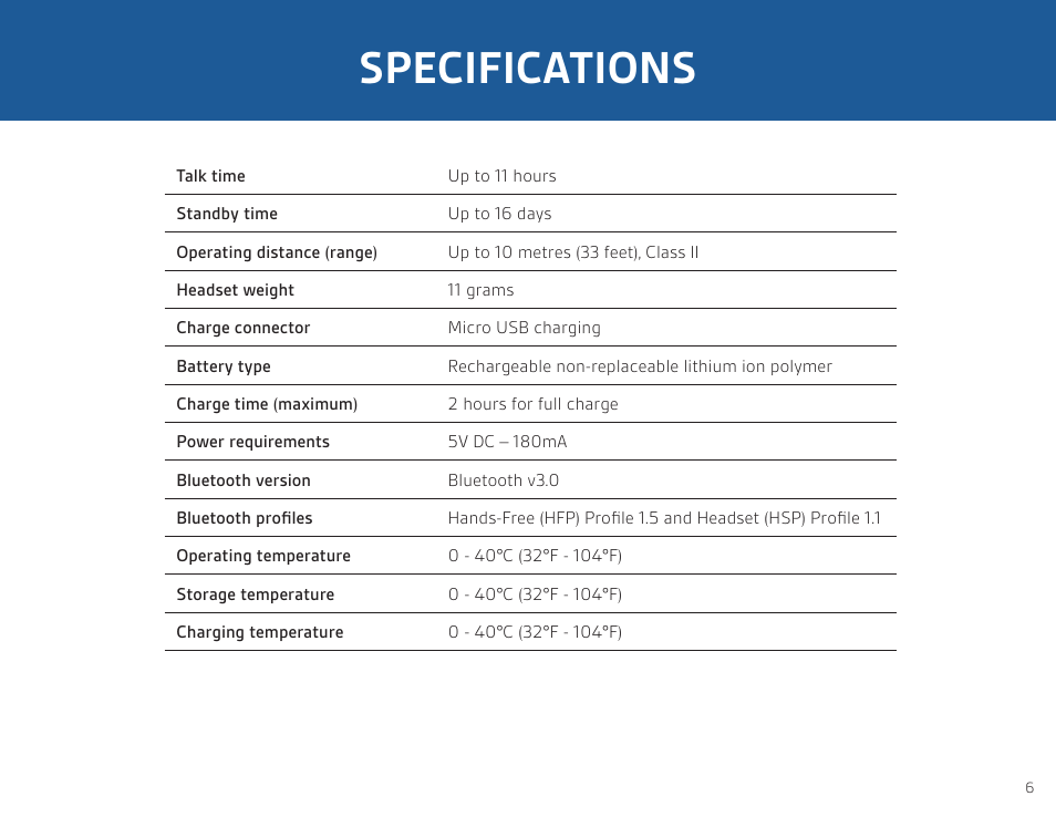 Specifications | Plantronics ML20 User Manual | Page 6 / 8