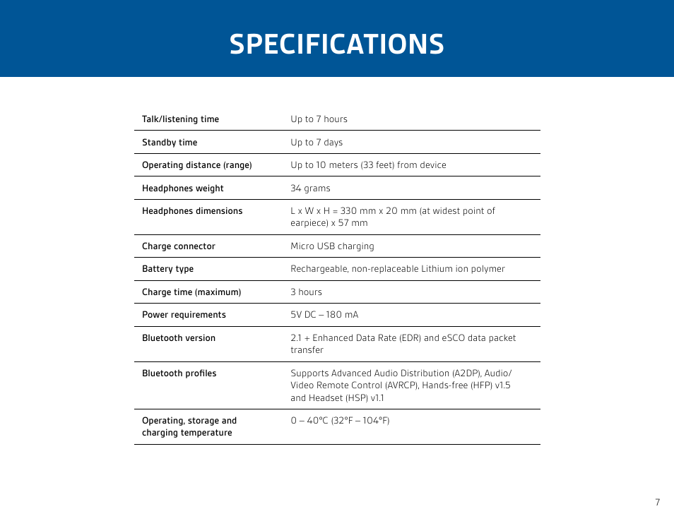 Specifications | Plantronics Backbeat 903+ User Manual | Page 7 / 9