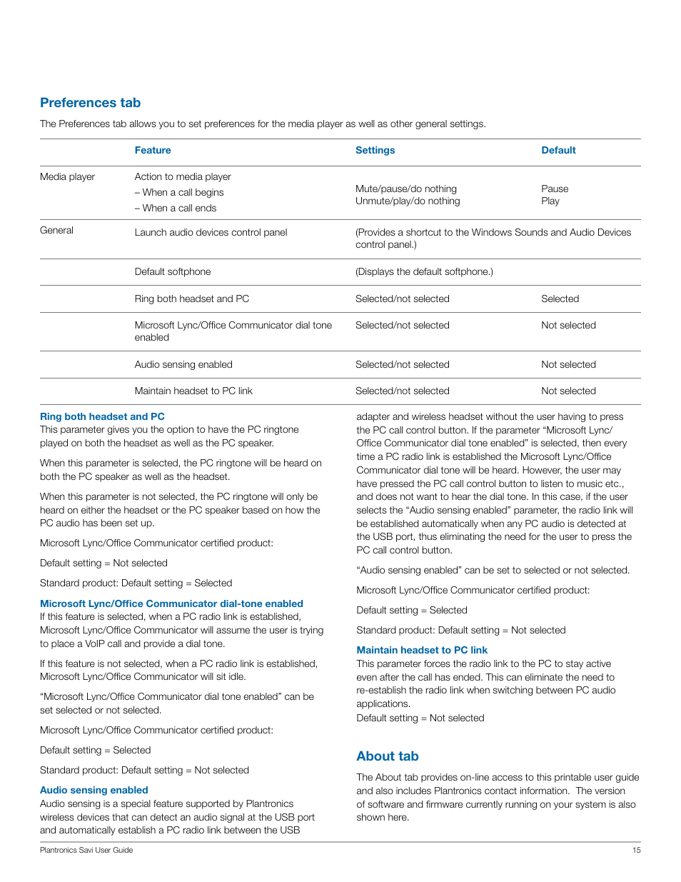 Preferences tab, About tab | Plantronics Savi W430 User Manual | Page 15 / 18