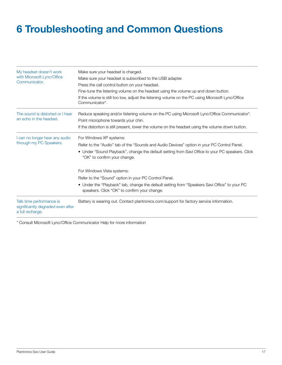 6 troubleshooting and common questions | Plantronics Savi W430 User Manual | Page 17 / 18