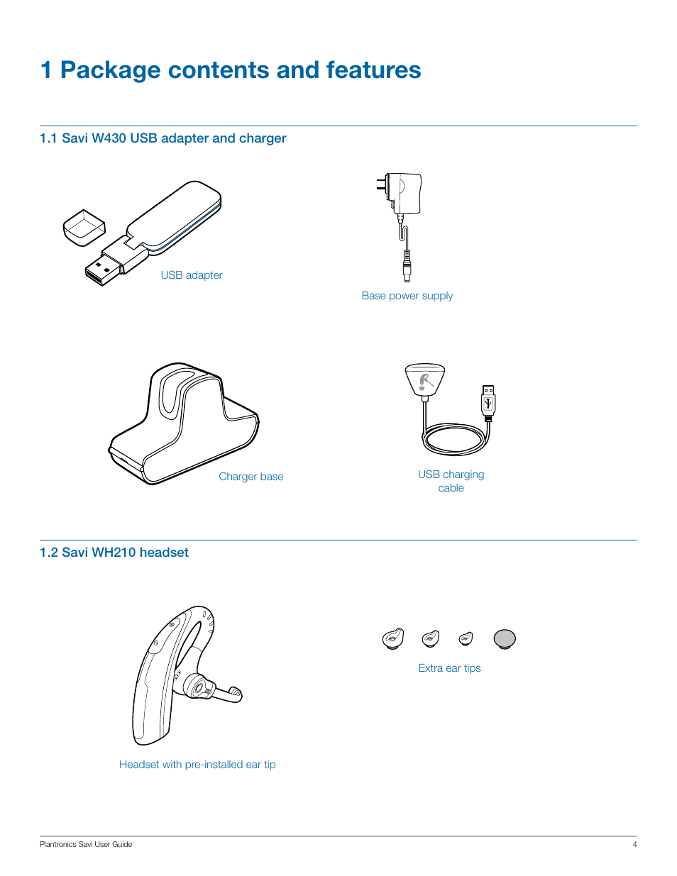 1 package contents and features | Plantronics Savi W430 User Manual | Page 4 / 18