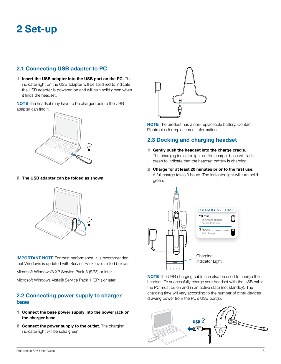 2 set-up, 3 docking and charging headset, 1 connecting usb adapter to pc | 2 connecting power supply to charger base | Plantronics Savi W430 User Manual | Page 6 / 18