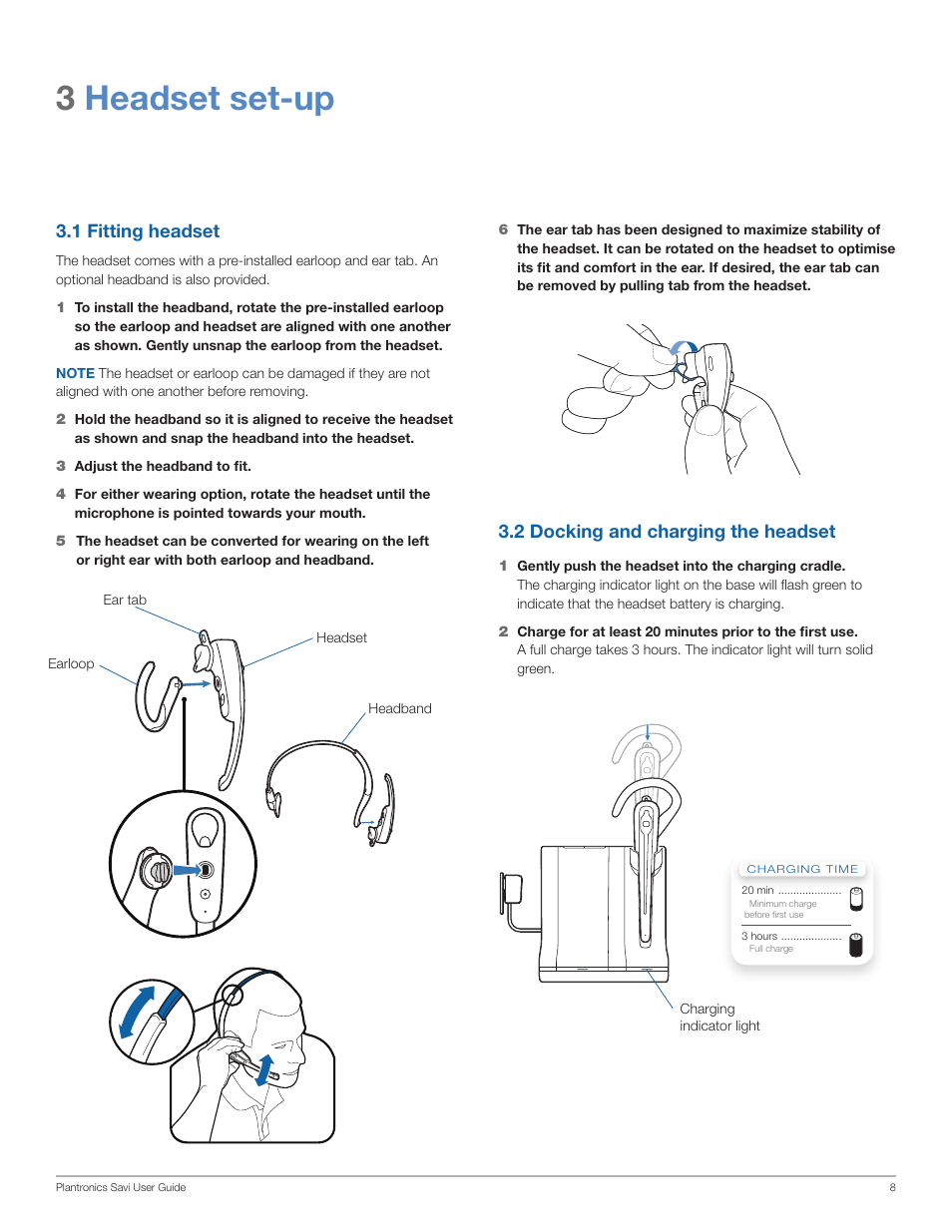 3headset set-up, 2 docking and charging the headset, 1 fitting headset | Plantronics Savi Office WO101 User Manual | Page 8 / 25