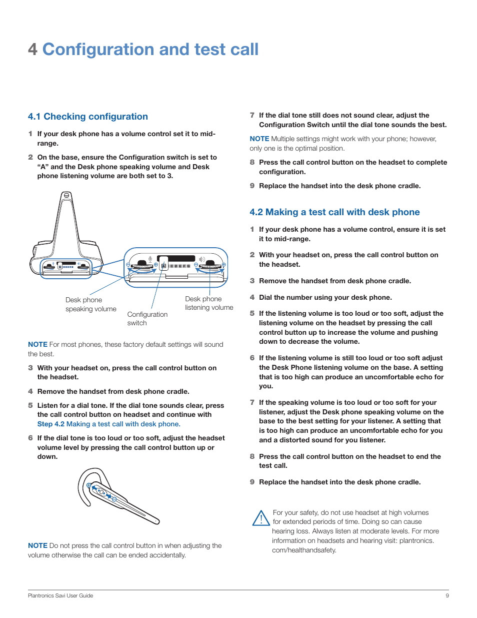 4configuration and test call, 2 making a test call with desk phone, 1 checking configuration | Plantronics Savi Office WO101 User Manual | Page 9 / 25