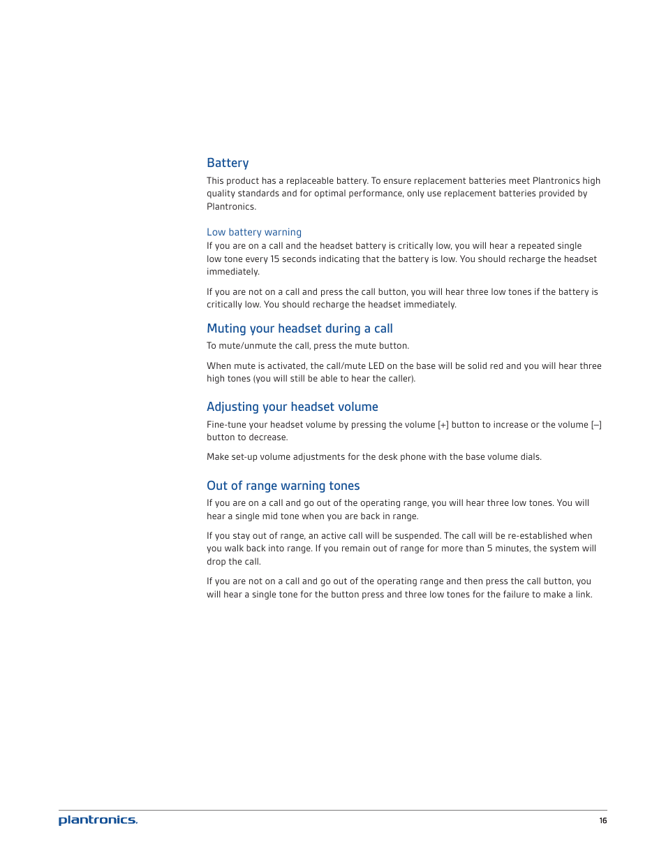 Battery, Muting your headset during a call, Adjusting your headset volume | Out of range warning tones | Plantronics CS520 User Manual | Page 16 / 21