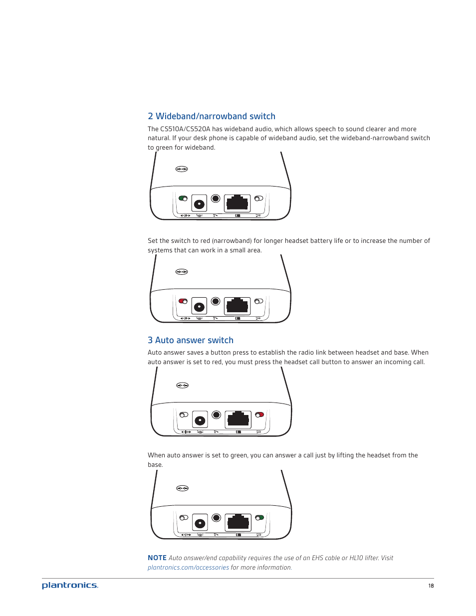 2 wideband/narrowband switch, 3 auto answer switch | Plantronics CS520 User Manual | Page 18 / 21