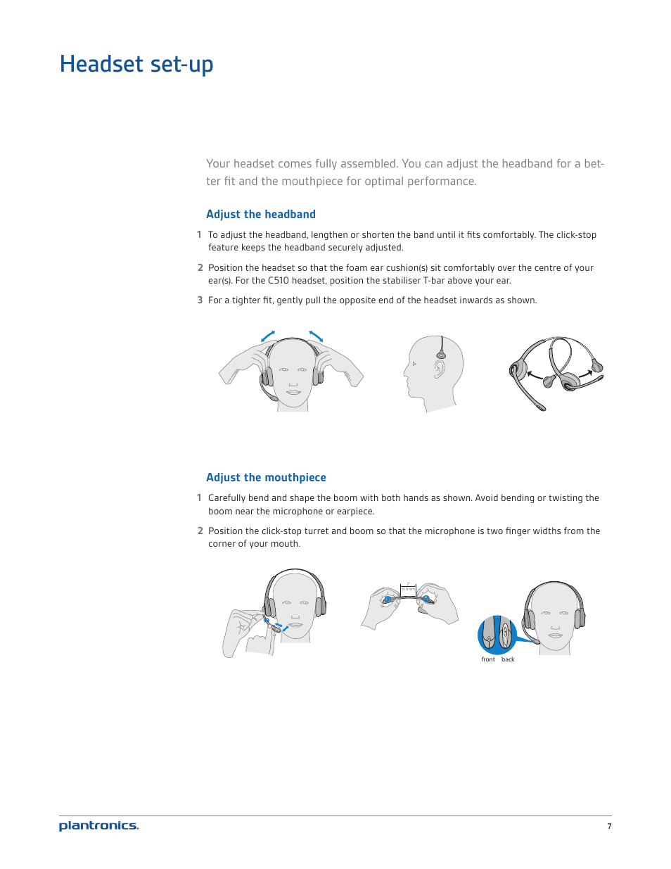 Headset set-up, Adjust the mouthpiece | Plantronics CS520 User Manual | Page 7 / 21