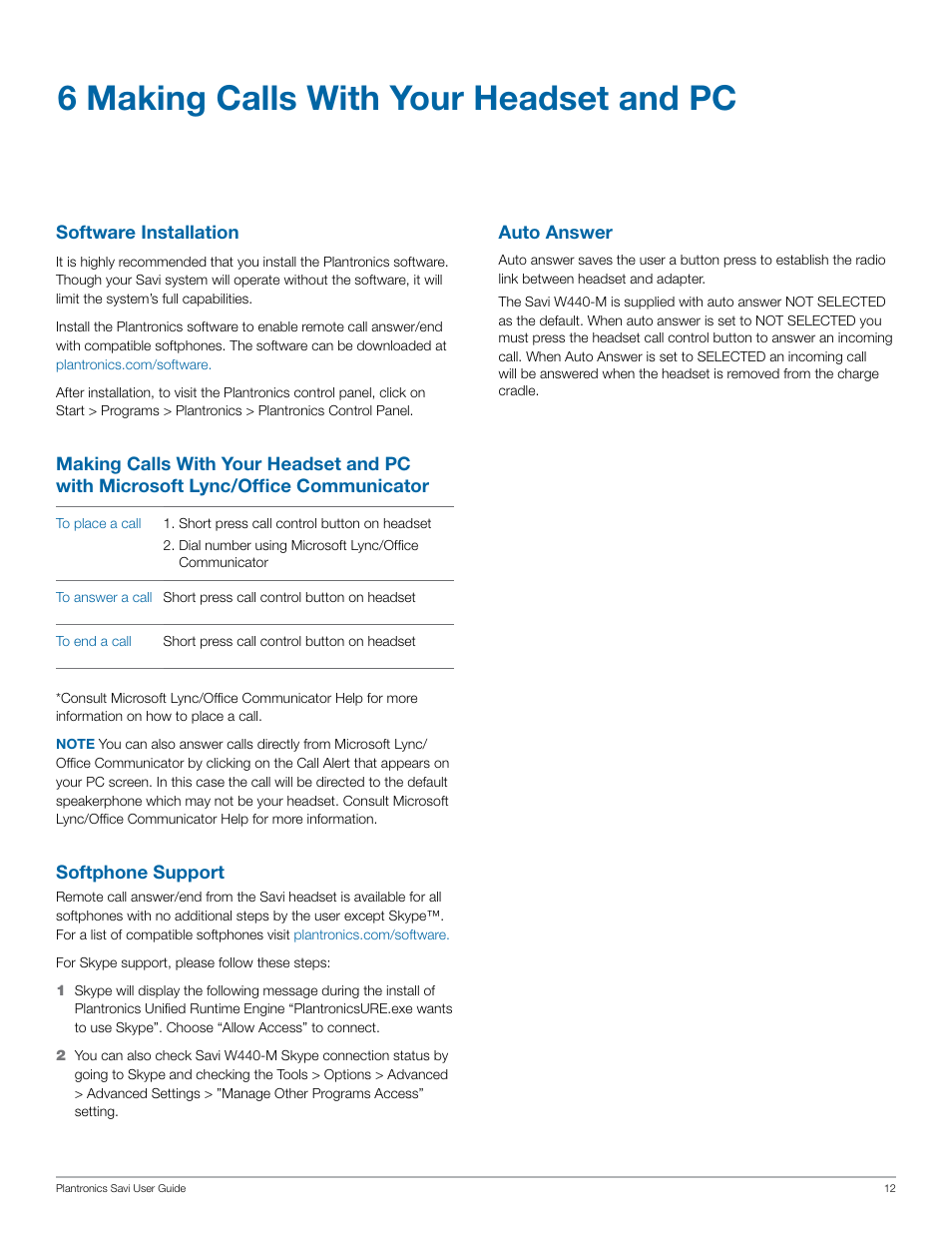 6 making calls with your headset and pc | Plantronics Savi W440-M User Manual | Page 12 / 22