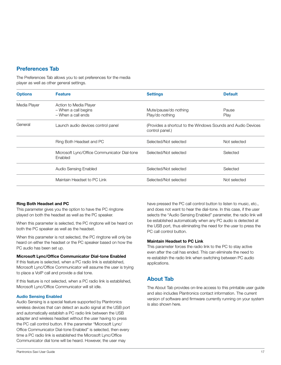 Preferences tab, About tab | Plantronics Savi W440-M User Manual | Page 17 / 22