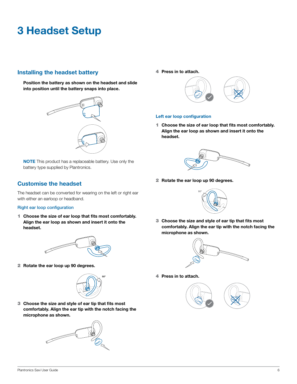 3 headset setup, Installing the headset battery, Customise the headset | Plantronics Savi W440-M User Manual | Page 6 / 22