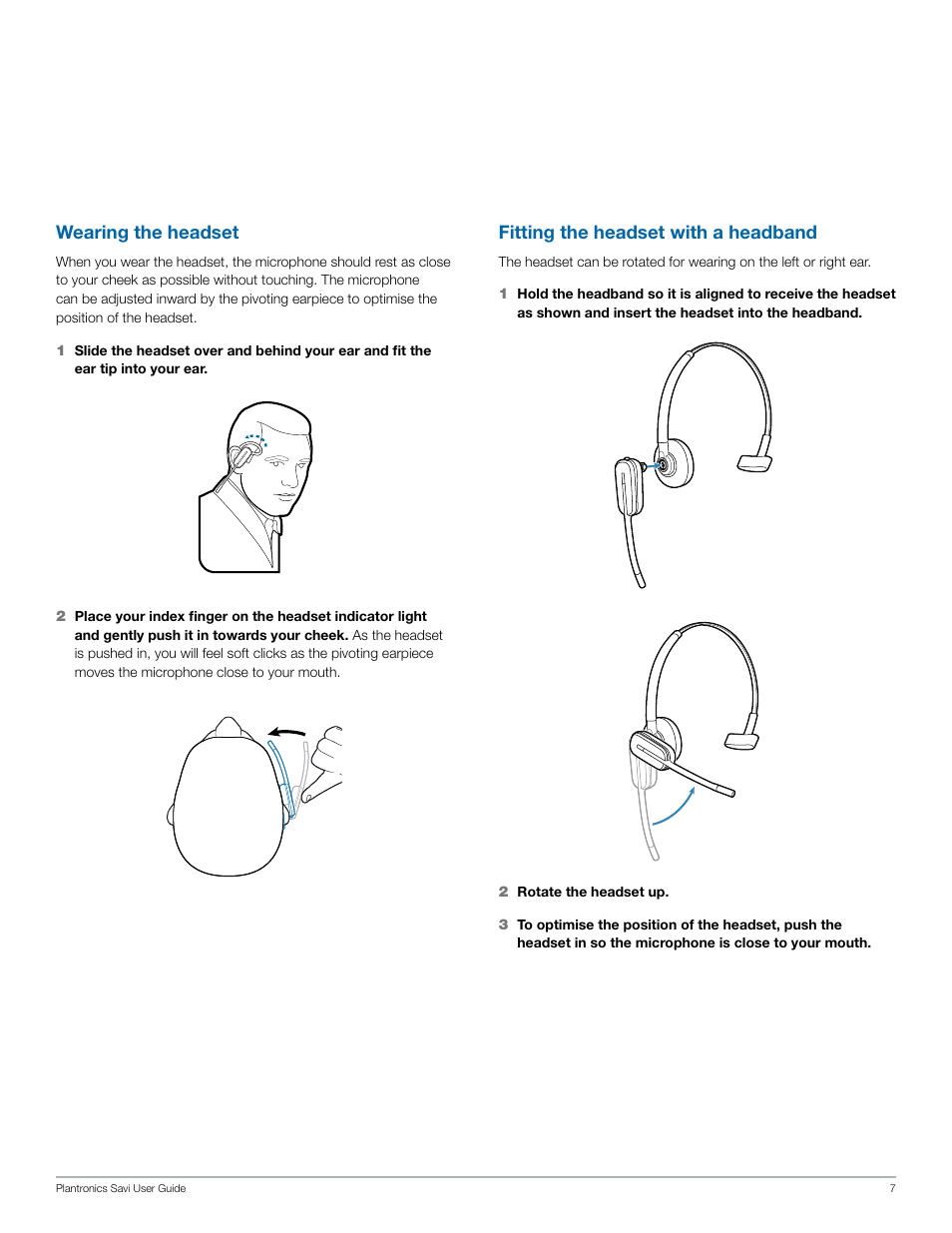 Wearing the headset, Fitting the headset with a headband | Plantronics Savi W440-M User Manual | Page 7 / 22