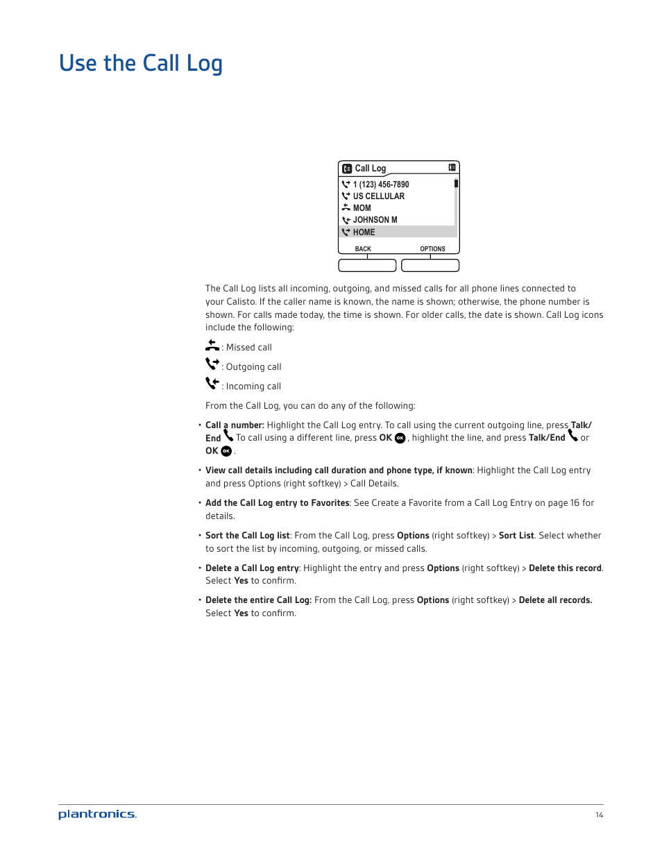 Use the call log | Plantronics Calisto 835m User Manual | Page 14 / 34