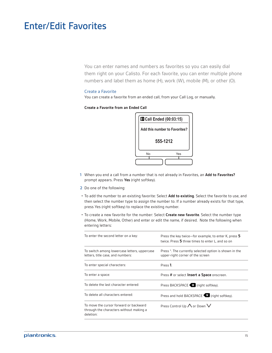 Enter/edit favorites | Plantronics Calisto 835m User Manual | Page 15 / 34