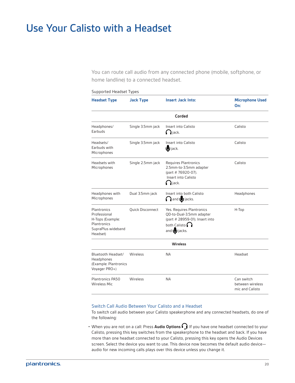 Use your calisto with a headset | Plantronics Calisto 835m User Manual | Page 20 / 34