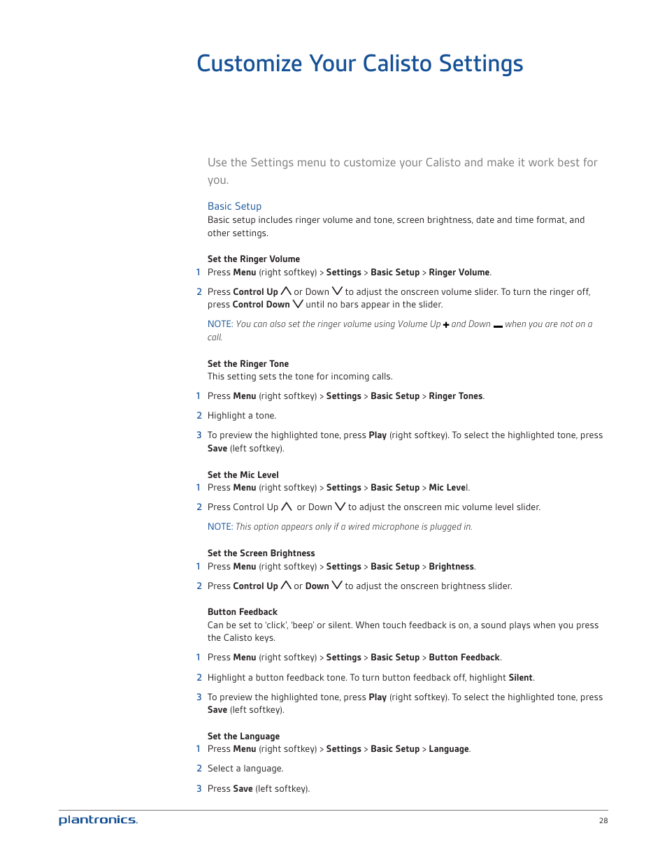 Customize your calisto settings | Plantronics Calisto 835m User Manual | Page 28 / 34
