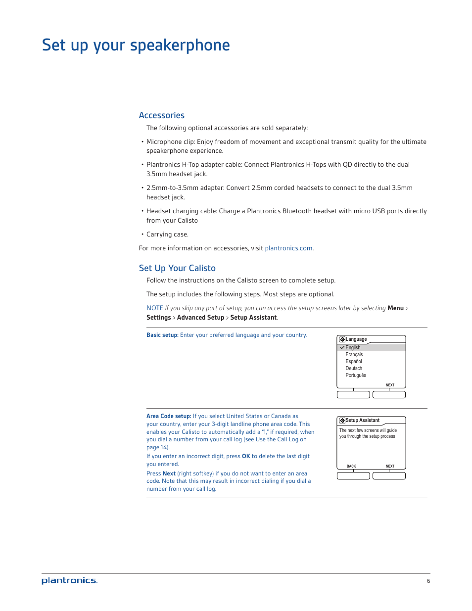 Set up your speakerphone, Accessories, Set up your calisto | Plantronics Calisto 835m User Manual | Page 6 / 34