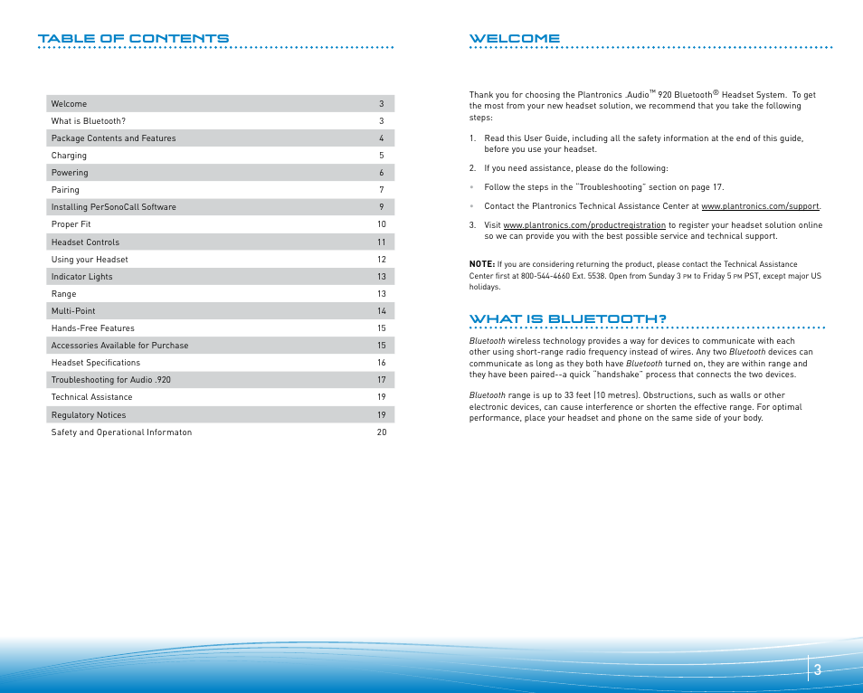 Table of contents welcome, What is bluetooth | Plantronics .Audio 920 User Manual | Page 2 / 11