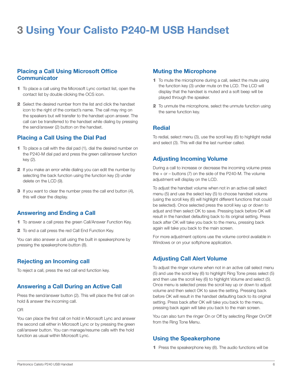 3using your calisto p240-m usb handset | Plantronics Calisto 240-M User Manual | Page 6 / 9