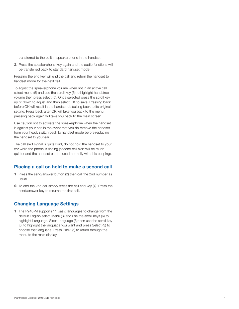 Placing a call on hold to make a second call, Changing language settings | Plantronics Calisto 240-M User Manual | Page 7 / 9