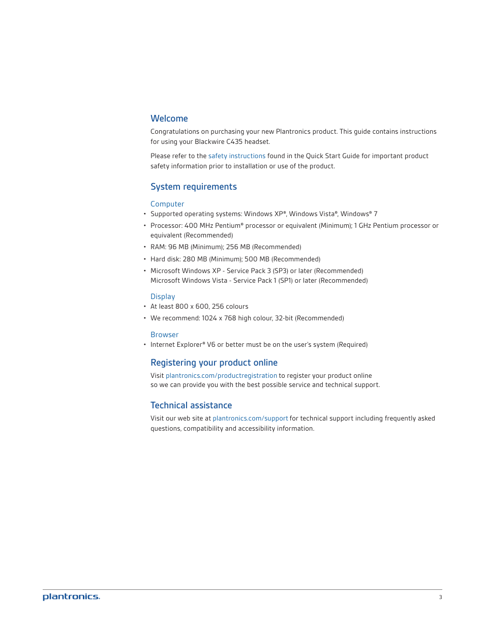 Welcome, System requirements, Registering your product online | Technical assistance | Plantronics Blackwire 435 User Manual | Page 3 / 13