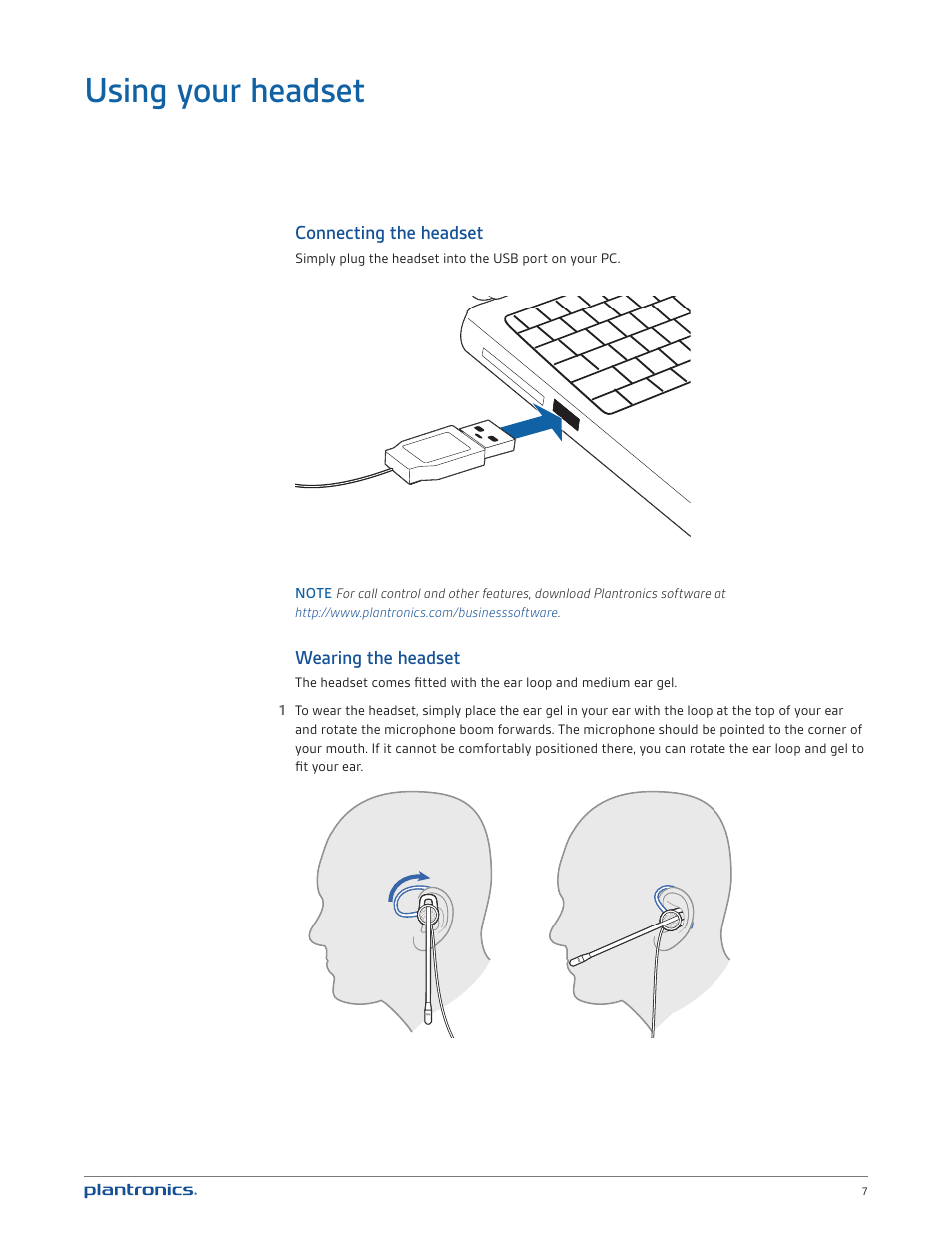 Using your headset, Connecting the headset, Wearing the headset | Plantronics Blackwire 435 User Manual | Page 7 / 13