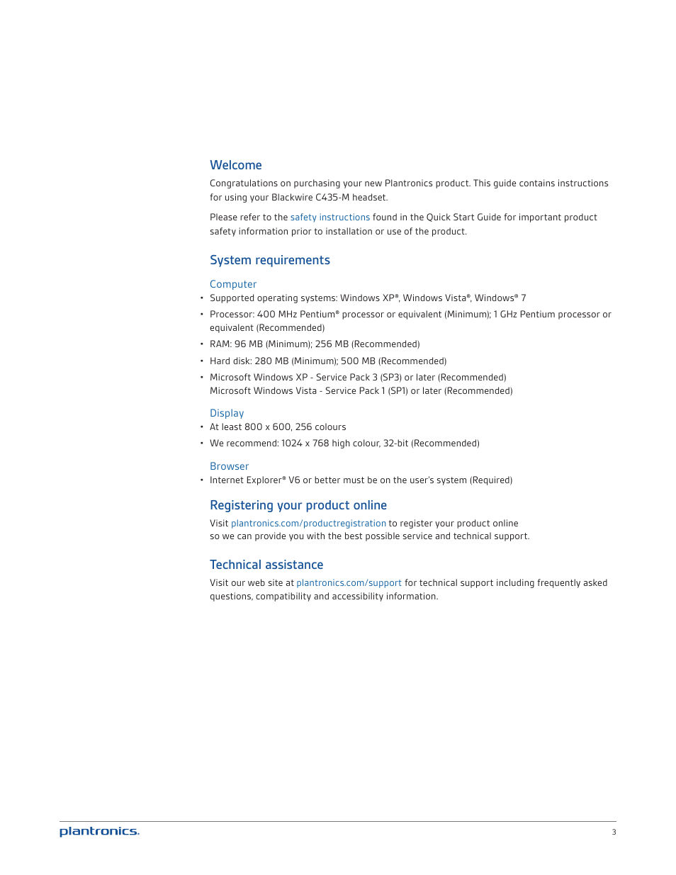 Welcome, System requirements, Registering your product online | Technical assistance | Plantronics Blackwire 435-M User Manual | Page 3 / 14