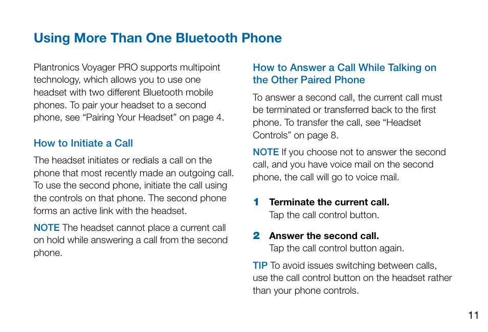 Using more than one bluetooth, Phone (multipoint), Using more than one bluetooth phone | Plantronics Voyager PRO User Manual | Page 15 / 19