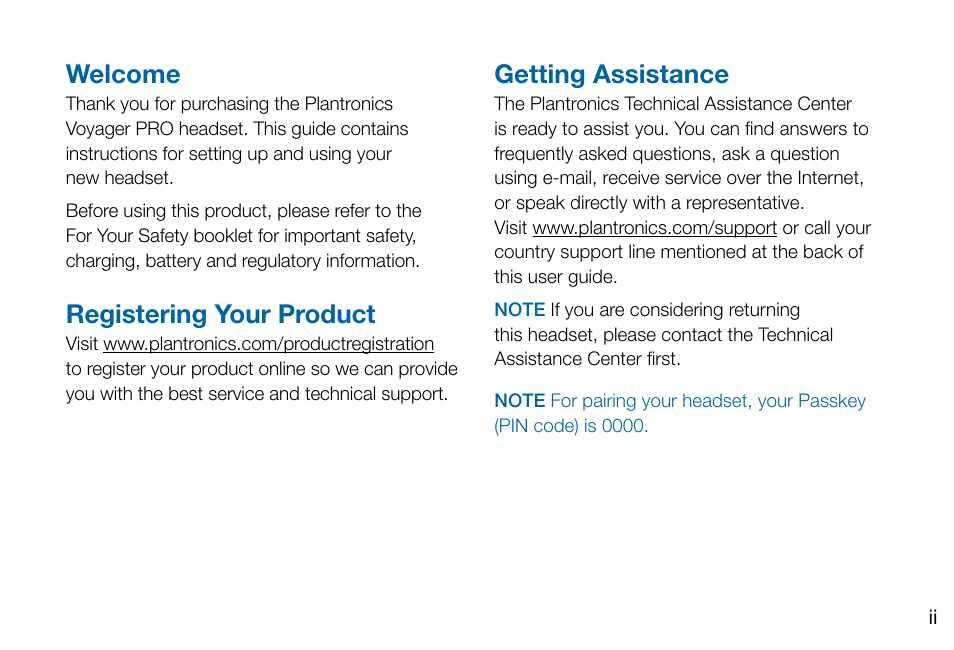 Welcome, Registering your product, Getting assistance | Plantronics Voyager PRO User Manual | Page 2 / 19