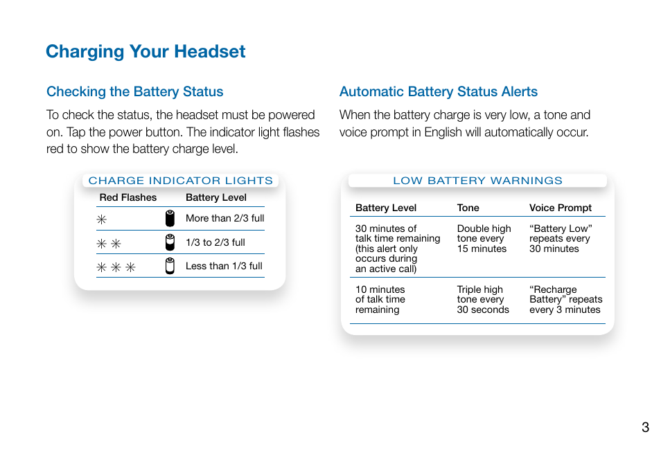 Charging your headset, 3checking the battery status, Automatic battery status alerts | S s s | Plantronics Voyager PRO User Manual | Page 7 / 19